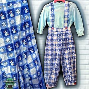 Vintage 1990’s Holiday Gender Neutral Blue Plaid Snowman Winter Snowflake Overal
